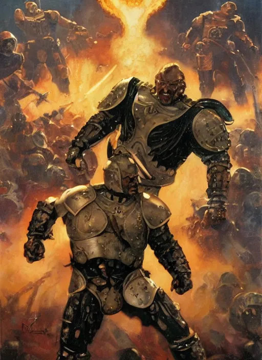 Image similar to full body and head portrait of Hafþór Júlíus Björnsson in science fiction combat armour battling tiny soldiers, dynamic action, painted by norman rockwell and phil hale and greg staples and tom lovell and frank schoonover and jack kirby