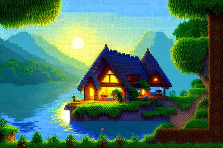 Image similar to view of a cottage above an azure lake, beautiful detailed pixelart by albertov, intricate details, smooth gradients, beautiful, volumetric lighting, cgsociety, artstation