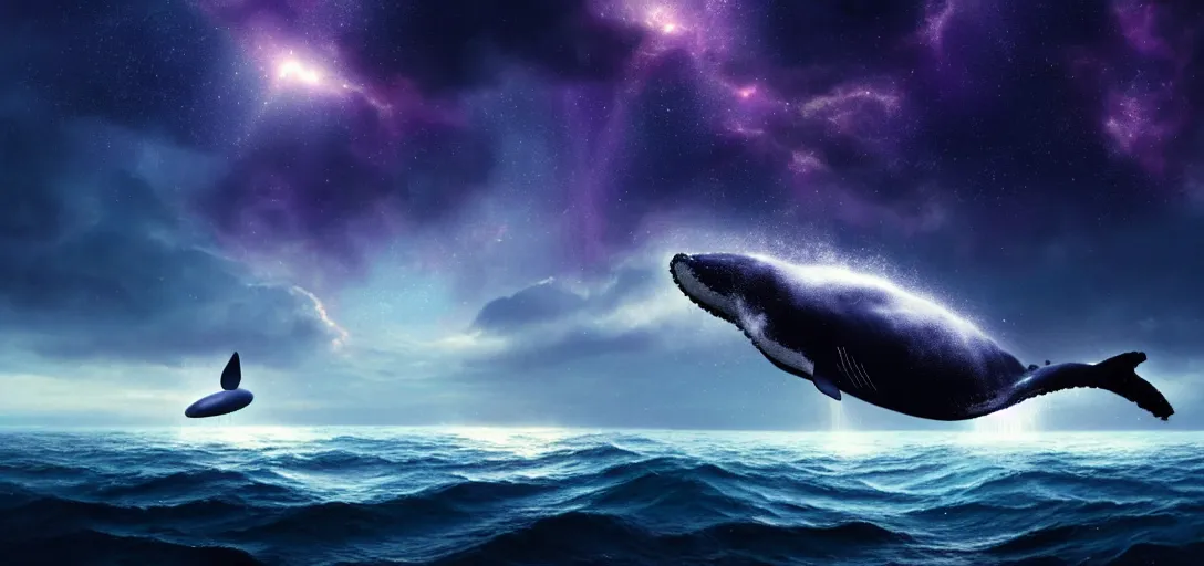 Prompt: a wide angle shot of a lonely whale flying in the sky, sea underneath, cosmic starry sky, concept art, trending on artstation, purple theme by andreas achenbach, artgerm, mikko lagerstedt, zack snyder, tokujin yoshioka