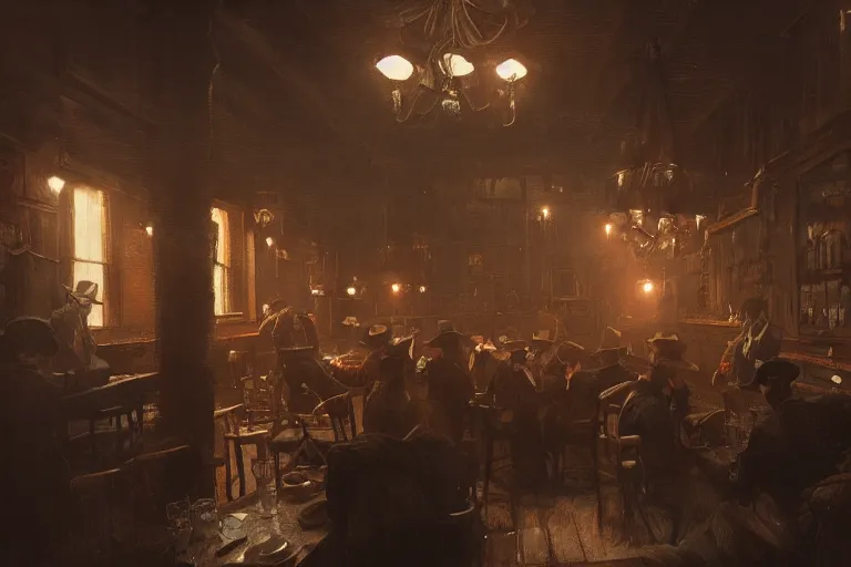 Image similar to 1800s saloon interior, dramatic lighting, cowboys drinking, concept art, greg rutkowski, artstation