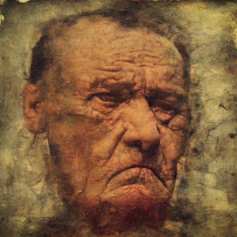 Prompt: tinted Antique tintype of Beautiful warmly lit close up expressionistic studio portrait of very angry! My father with his long eyebrows and perfectly straight nose singing angrily!, impasto oil painting heavy brushstrokes by Cy Twombly and Anselm Kiefer , trending on artstation dramatic lighting abstract Expressionism