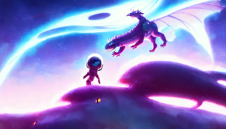 Image similar to a still of a cute kawaii astronaut android riding a large neon kaiju dragon, nebulous background of dynamic space, a dramatic composition by wlop and greg rutkowski and makoto shinkai and studio ghibli and kyoto animation, highly detailed, digital painting, matte