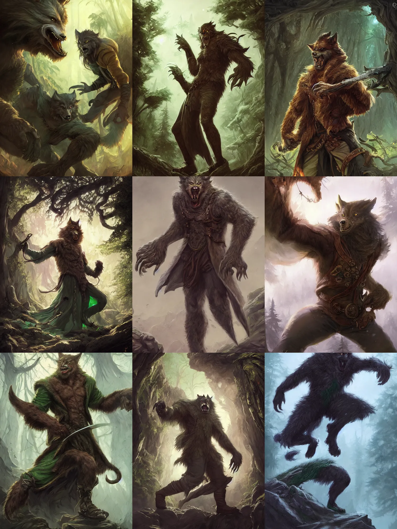 Prompt: picture of male werewolf bard, complex clothing, green jacket, big hard, high fantasy, highly detailed, detailed faces, smooth, sharp focus, chiaroscuro, dnd, digital painting, concept art, rossdraws and moebius and jon mcnaughton