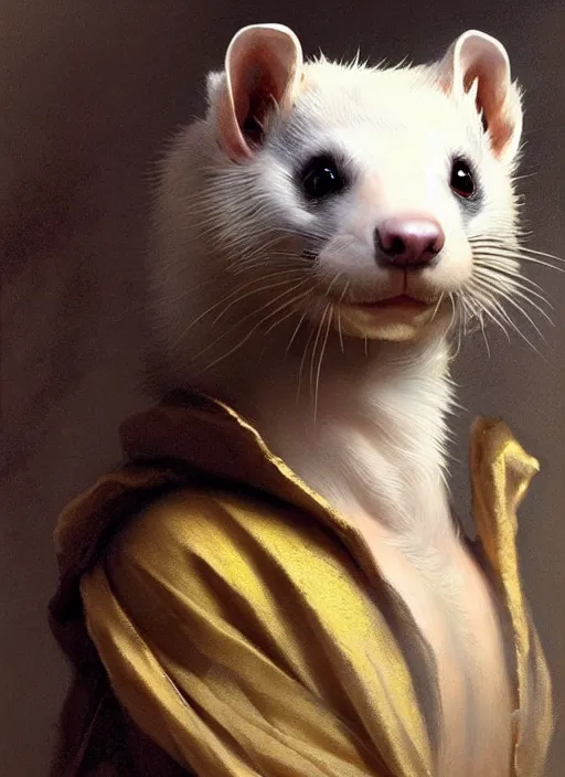 Image similar to a beautiful closeup shot from a fantasy film of a humanoid grey ferret with golden eyes wearing a loose tunic. an anthropomorphic ferret with gold eyes. joseph ducreux, greg rutkowski.