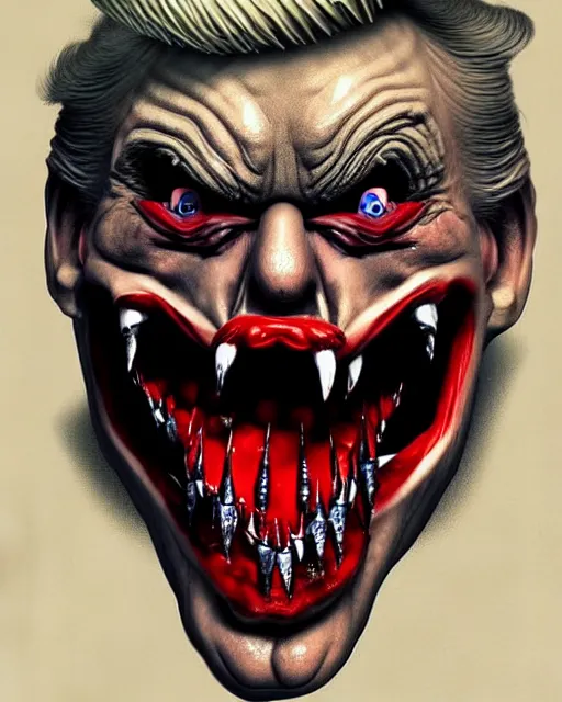 Image similar to donald trump dracula, fangs, character portrait, close up, concept art, intricate details, hyperrealism, in the style of otto dix and h. r giger