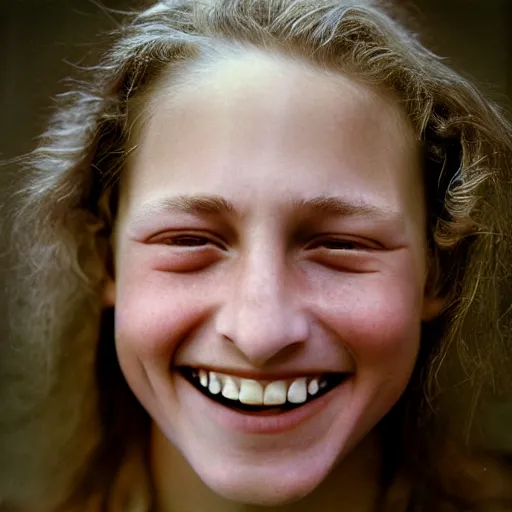 Prompt: a candid extreme closeup portrait of an expressive face of a delighted young woman by annie leibovitz