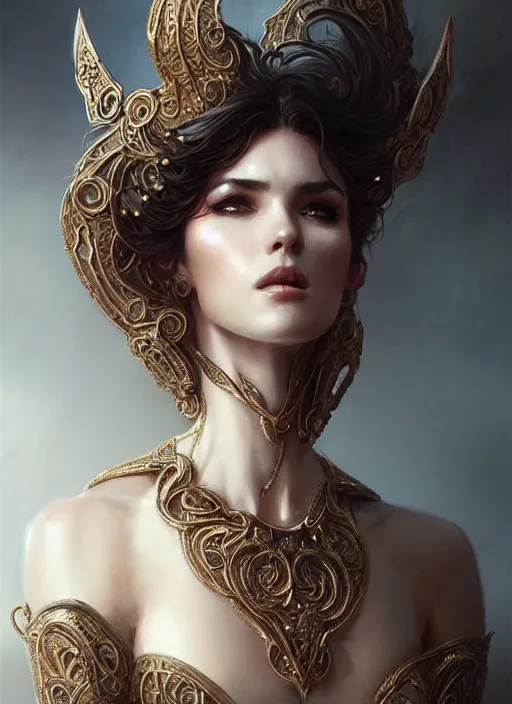 Image similar to portrait of female in wearable art, intricate details, elegant, highly detailed, digital photography, artstation, glamor pose, concept art, smooth, sharp focus, art by artgerm and greg rutkowski