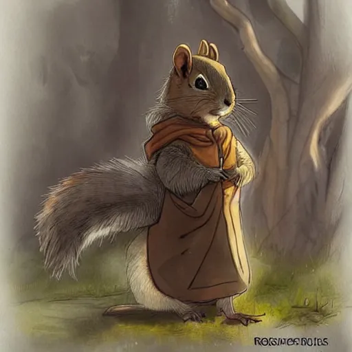 Image similar to Anthropomorphic squirrel in Cloak by rossdraws,greg rutkowski,and Sarah Andersen,ambient style, very detailed,detailed armor,detailed