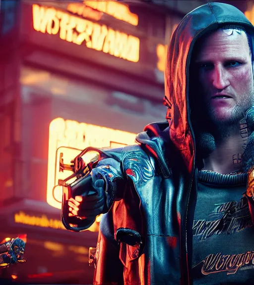 Image similar to cyberpunk 2 0 7 7, charismatic rugged male battle woody harrelson - mage portrait, clothed in hooded, metal - plated battle armor atmospheric lighting painted intricate volumetric lighting, beautiful, sharp focus, ultra detailed by leesha hannigan, ross tran, thierry doizon, kai carpenter, ignacio fernandez rios