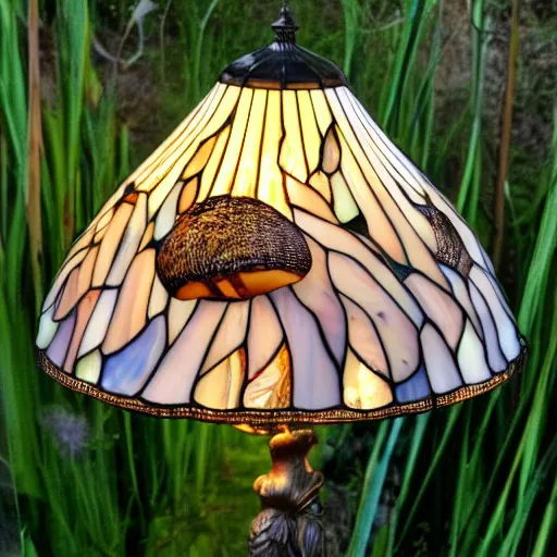 Prompt: beautifully detailed victorian art nouveau mushroom shaped tiffany lampshade, river reeds duckweeds close up abstractb mallard feathers, mucha tiffany kilian eng