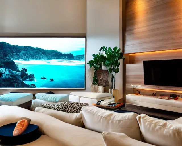 Image similar to A modern living room inspired by the ocean, a luxurious wooden coffee table with large seashells on it, A huge television, amazing detail, 8k resolution, blue color, calm, relaxed style, harmony, wide angle shot