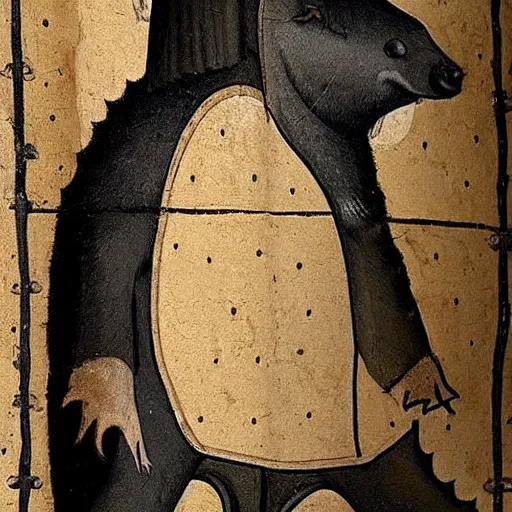 Prompt: a funny medieval wall painting of a goth capybara in black clothes, highly detailed, trending on artstation