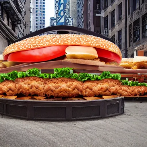 Image similar to a city literally made of burgers