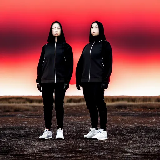 Image similar to photograph of 2 women wearing black techwear in front of a brutalist sharp - edged metal building, on a desolate plain, red eerie sky, sigma 8 5 mm f / 1. 4, 4 k, depth of field, high resolution, highly detailed, 4 k, 8 k, hd, full color