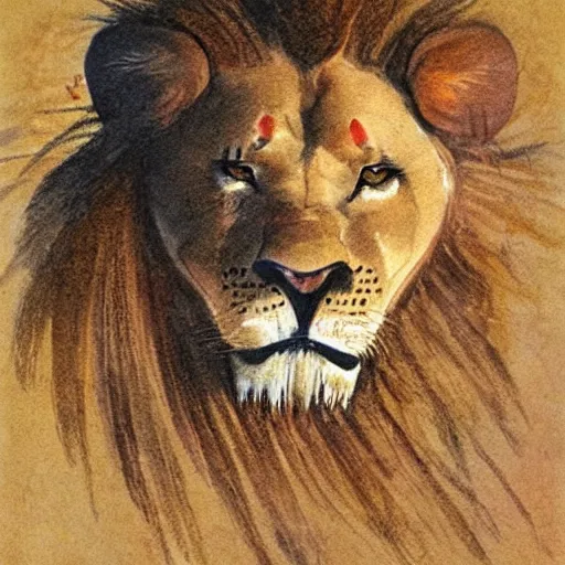Prompt: jerry pinkney illustration of a lion