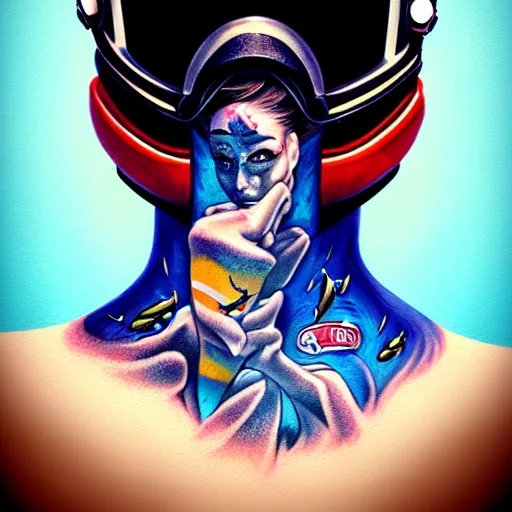 Prompt: a profile photo of a diver with diving helmet with tattoos on arm and neck, side profile in underwater, highly detailed, digital painting, artstation, sharp focus, illustration by Sandra Chevrier