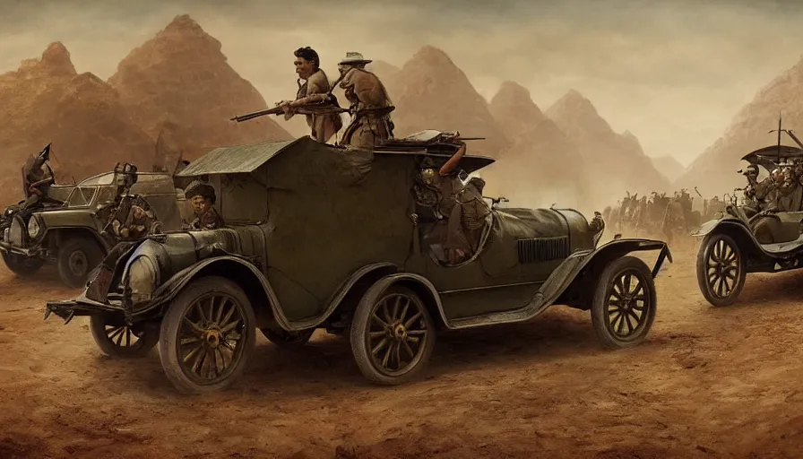 Prompt: british army driving a car in 1921 in indian village, tribe members attacking, action scene, an epic fantasy, dramatic lighting, cinematic, establishing shot, extremely high detail, photorealistic, cinematic lighting, artstation, by christopher nolan, horizon forbidden west