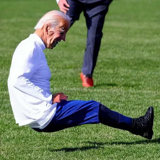 Image similar to Joe Biden playing soccer, doing a step over, breaking ankles, his opponents falling over