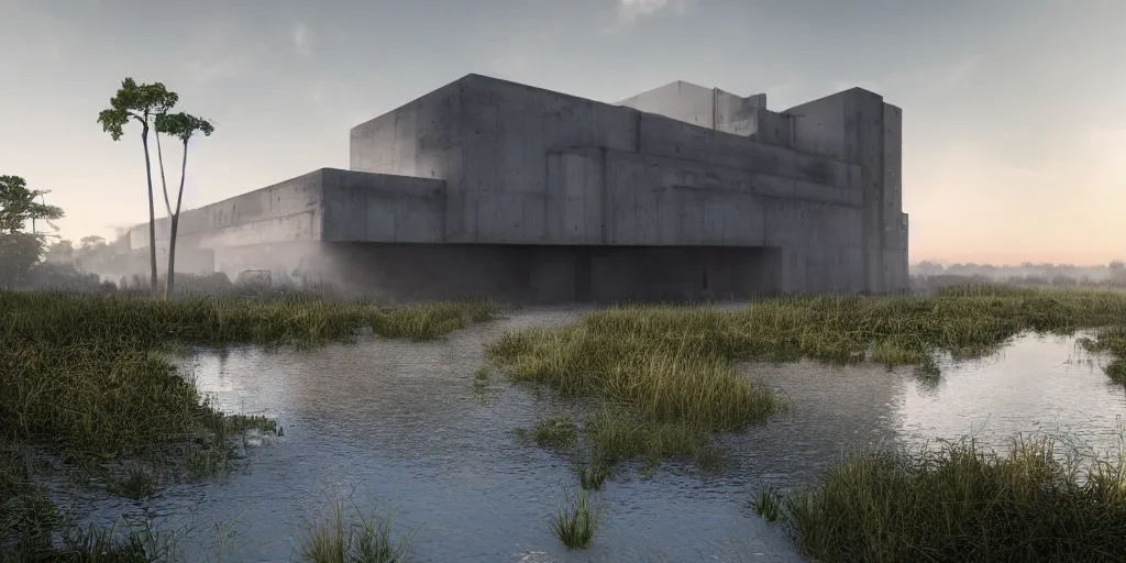 Image similar to render of huge futuristic concrete building by le corbusier, puddles of water, trees and bushes, dune style, neon glow, vivid color, moody lighting, unreal engine, bright sunrise, epic skies, foggy