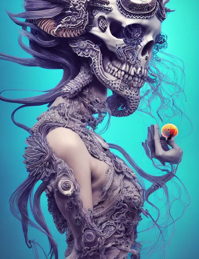 Image similar to 3 d goddess skull half - turn portrait with long hair with ram skull. beautiful intricately detailed japanese crow kitsune mask and clasical japanese kimono. betta fish, jellyfish phoenix, bio luminescent, plasma, ice, water, wind, creature, artwork by tooth wu and wlop and beeple and greg rutkowski