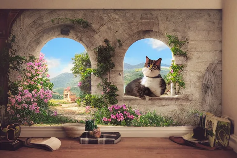 Image similar to a very very very very detailed matte painting of Cute Cat sitting in center of Provence style Room,