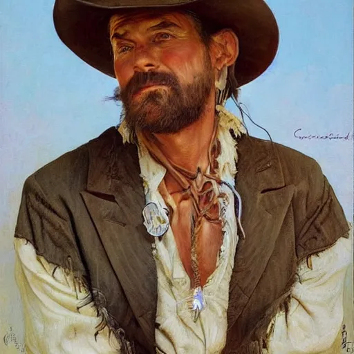 Image similar to a man, cowboy hat, portrait, cowboy movie character, wild west, fantasy, highly detailed, oil painting, illustration, art by Charles E. Chambers, J. C. Leyendecker and norman rockwell