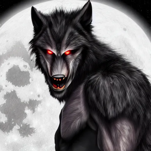 Image similar to male werewolf transformation at night with black realistic fur, under the moon, ultra detail, anime style, 8 k