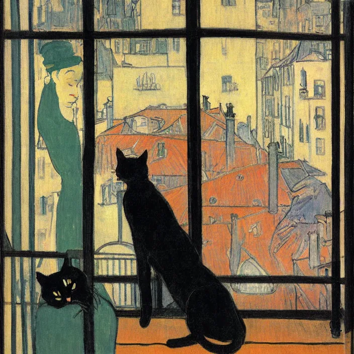 Image similar to couple under a baldachin with city seen from a window frame at night. fuzzy black cat. henri de toulouse - lautrec, utamaro, matisse, felix vallotton, monet