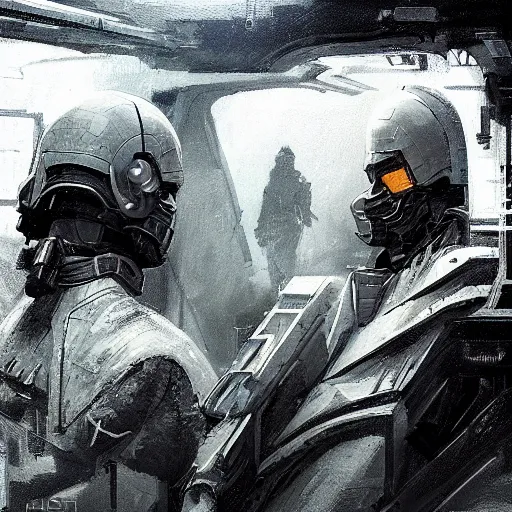 Image similar to concept art by greg rutkowski, soldiers in white and black futuristic tactical gear, through the corridors of the ship, claustrophobic and futuristic, brutalistic environment, scifi, detailed and intricate environment, high technology, highly detailed portrait, digital painting, artstation, concept art, smooth, sharp foccus ilustration, artstation hq.