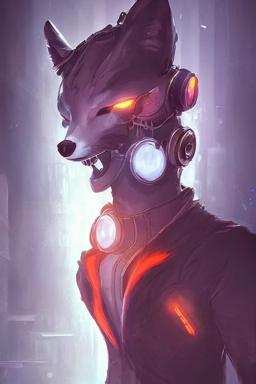 Image similar to an anthropomorphic cyberpunk fox, backlighting, trending on artstation, digital art, furry art, trending on furaffinity, fantasy art, by kawacy