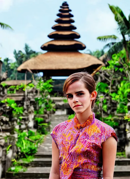 Prompt: emma watson wearing batik bali in bali. temple background. front view. instagram holiday photo shoot, perfect faces, corrected faces, 5 5 mm, award winning photography