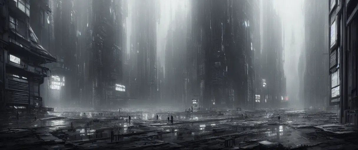 Image similar to dystopian cyberpunk world, with doors everywhere, grey sky, monochrome except doors, concept art, matte painting, high detail, doors on floor, dark, buildings made of doors, large scale, digital painting, style of jordan grimmer, high res