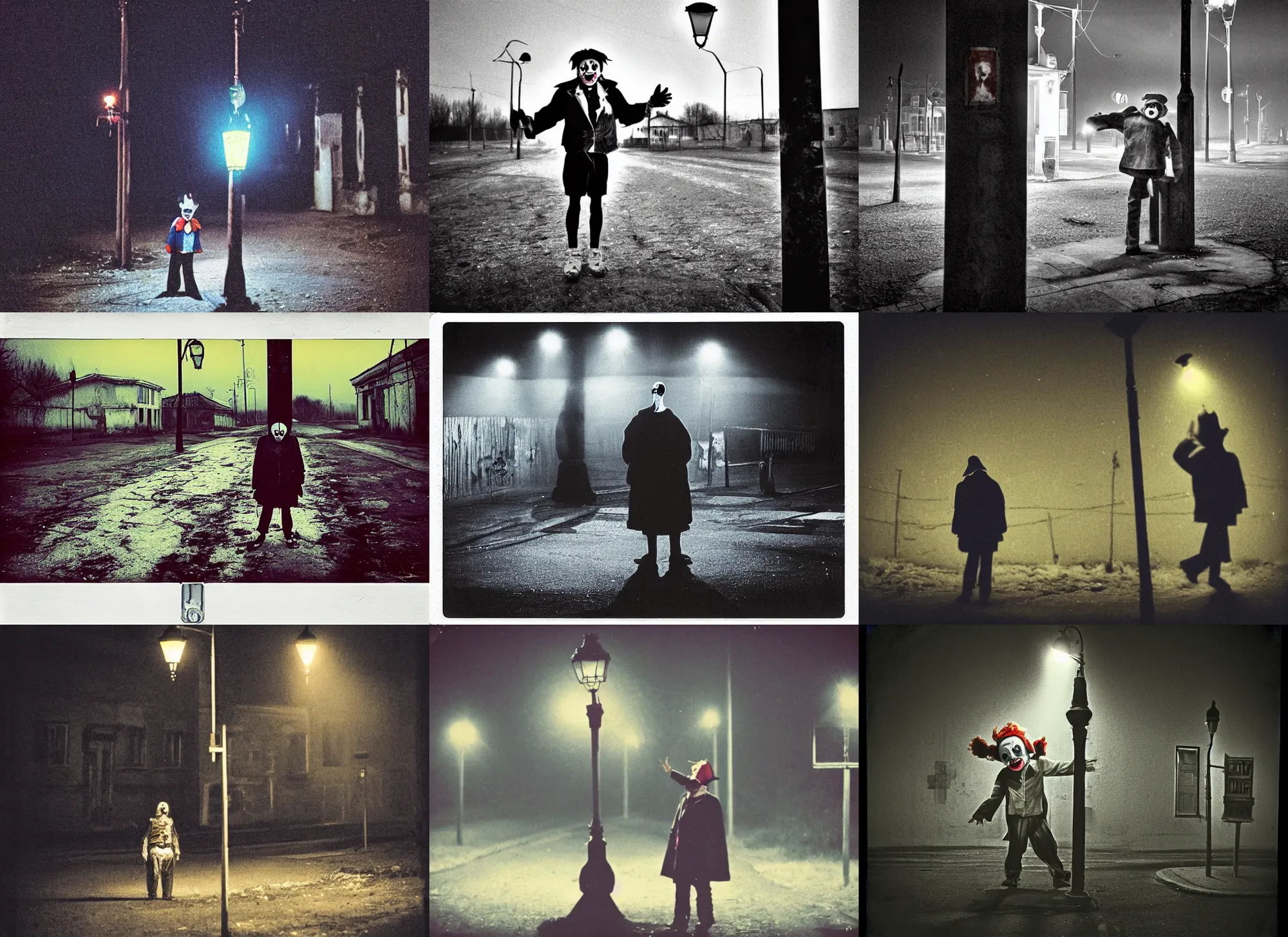 Prompt: a thin scary clown in torn clothes stands under a lamppost that shines a blue light on the clown, pitch darkness around the post, everything happens at night in an old Soviet village, the photo was taken from afar, Colourful, Cinematic, filmic, 35mm, dark atmosphere, horror, scary, Wildlife photography, Polaroid, bad quality, distorted, Night, dark