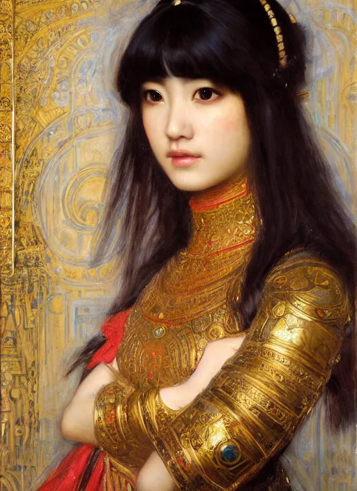 Image similar to beautifull asian queen cyborg with bangs curly Iranian orientalist portrait by john william waterhouse and Edwin Longsden Long and Theodore Ralli and Nasreddine Dinet, oil on canvas. Cinematic, hyper realism, dramatic lighting, high detail 4k