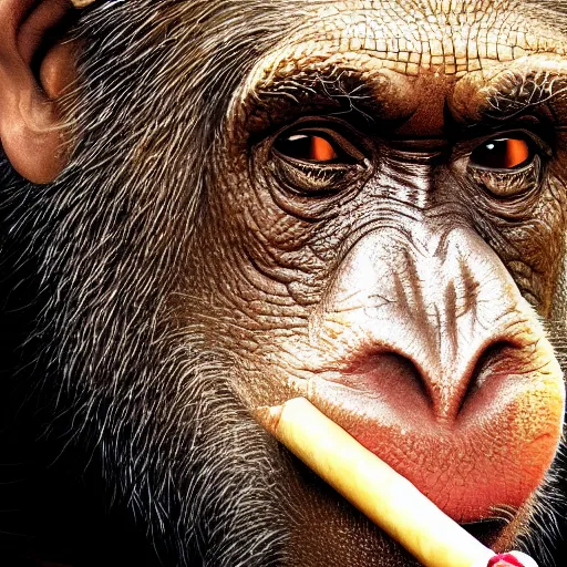 Image similar to a high detail photo of donald trump smoking a cigarrette, subject= chimp, subject detail: extremly detailed, subject action: smoking a cigar, photorealism, dramatic lighting, award winning photograph, trending on artstation