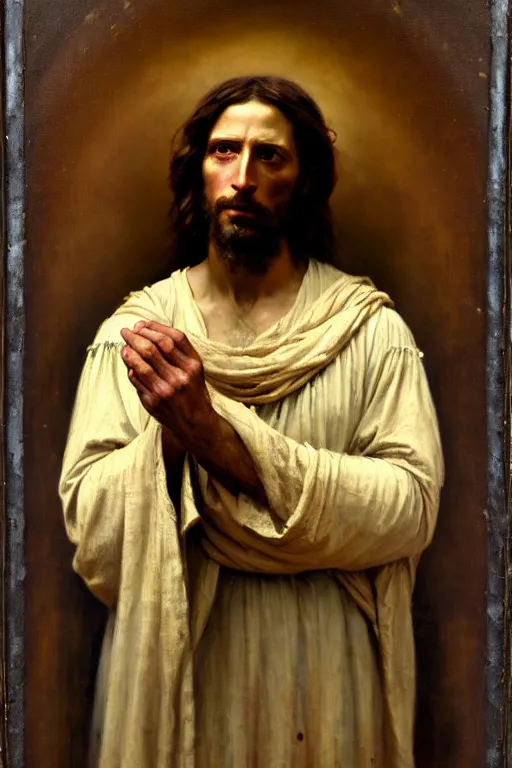 Image similar to photograph imax and solomon joseph solomon and richard schmid and jeremy lipking victorian loose genre loose painting full length portrait painting of jesus