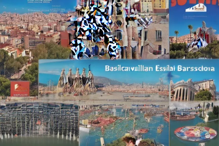 Prompt: touristic brochure to visit a catastrophic barcelona, buildings covered with high water, floating cars, catchy graphic design, photo real