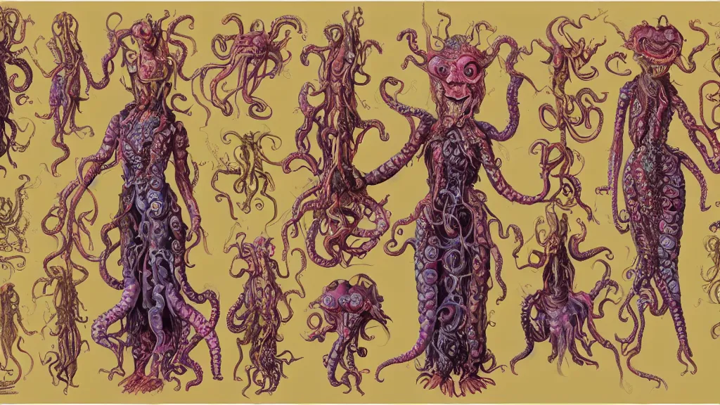 Image similar to highly detailed colorful character sheet for a stocky alien extraterrestrial victorian female servant maid with thick snake - like tentacles instead of hair, long dress with apron, ernst haeckel, jim henson creature shop, digital art, trending on artstation, hd, 8 k, good lighting, beautiful, rough paper, masterpiece