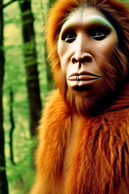 Prompt: a professional portrait photo of a neanderthal woman forest, face paint, ginger hair and fur, extremely high fidelity, natural lighting, national geographic magazine cover, still from the movie quest for fire