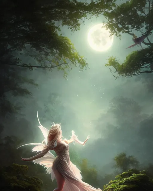 Image similar to attractive fairy goddness fly high in the night, d & d, fantasy, mist, full moon in background, trees, hyper detailed, art by artgerm and greg rutkowski and magali villeneuve, midium shot, 8 k realistic, cryengine, digital painting, trending on artstation, concept art, sharp focus, illustration,