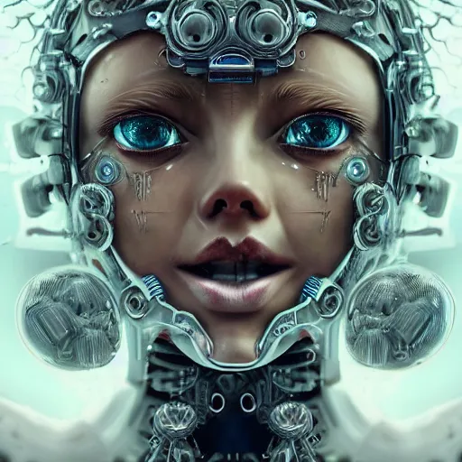 Image similar to stunning hyperdetailed upclose symmetrical portrait of 1 4 year old caucasian cyborg girl with translucent porcelain skin, lush thick hair, big electric eyes, ultra detailed ornate neon wire lacing, ultra detailed steampunk cyborg implants, complex white nano mechanical flowers, micro detail, by satoshi kon, sharp focus, trending on artstation hq, deviantart, pinterest, 8 k