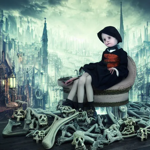 Image similar to a color photo of young sad victorian gothic child with big eyes and wide grin sitting on a sofa of bones surrounded by a cyber futuristic cityscape made of human body parts, ultra detailed, 8 k resolution, beautiful lighting, expansive detailed layered city, landscape, sigma 8 5 mm, award winning photography