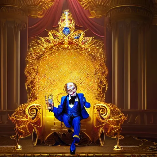 Prompt: shining giant throne made of millions of diamonds, gold and sapphires with thousands of light reflections, and a clown on a tuxedo suit is sitting on the throne while handing a golden balloon, dramatic light, digital painting, ultradetailed, artstation, oil painting