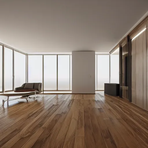 Prompt: a modern apartment with wood floors in a high-rise building downtown ultra-realistic 3D render architecture