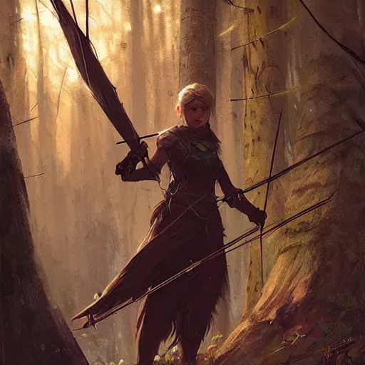 Image similar to fantasy art of a female forest archer in the style of greg rutkowski, detailed, cinematic, poster