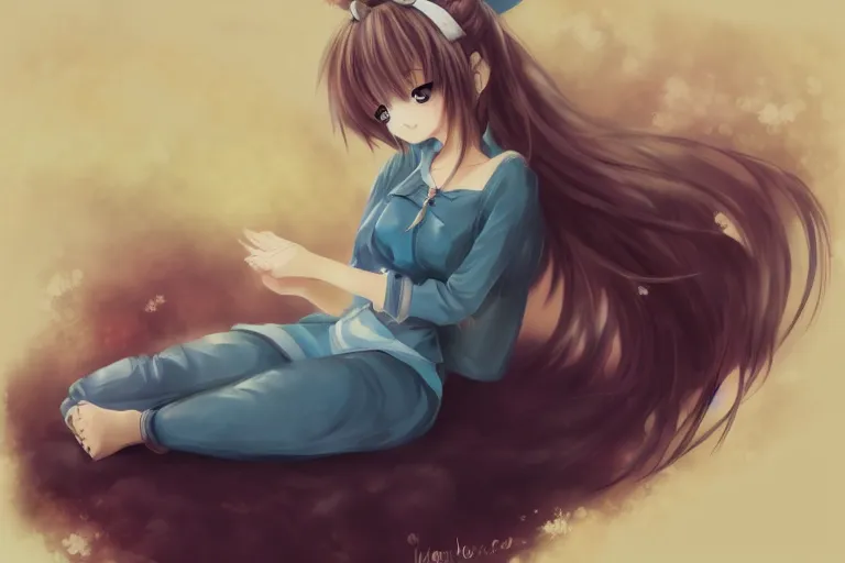 Prompt: a cute beautiful anime girl sitting on a cloud relaxing, digital painting, anime, portrait