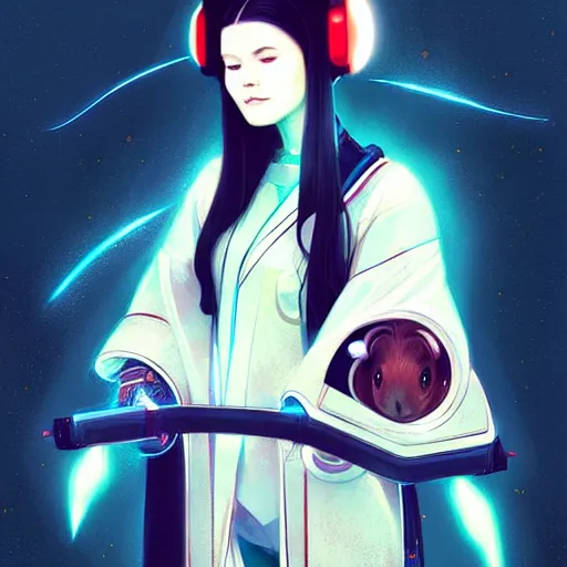 Image similar to cute anthropomorphic cyborg guinea pig full in kimono in a spaceship, body portrait, divine lightning, by greg rutkowski, by charlie bowater