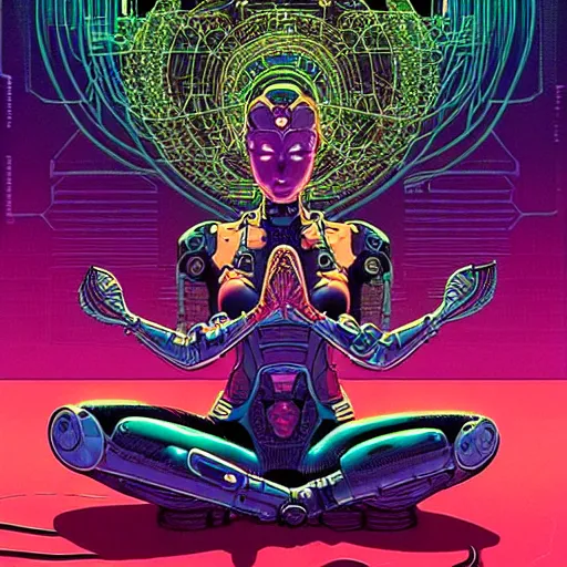 Image similar to a portrait of a beautiful cybernetic woman meditating in lotus pose, wires, cyberpunk concept art by josan gonzales and philippe druillet and dan mumford and enki bilal and jean claude meziere