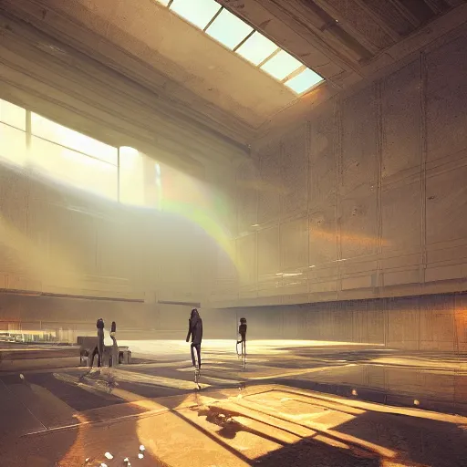 Image similar to futuristic masonry hall, crisp, artstation, luxury, beautiful, dim painterly volumetric aquatic sunset lighting, 3 d concept art