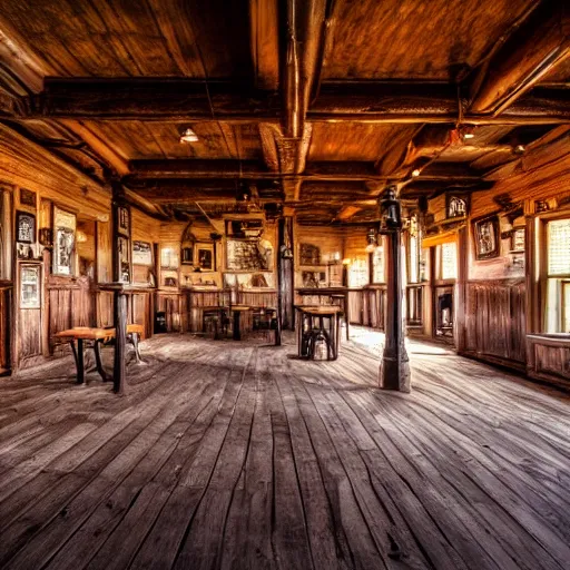 Image similar to Empty Old West Saloon at the break of day, dust particles in the air, god beams coming through the windows, hyper realistic, HD, DLSR Camera, Rococo style